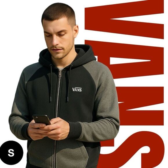 Vans Men’s Gray Black Full Zip Hoodie Sweatshirt Jacket Size Small Casual - Picture 1 of 11